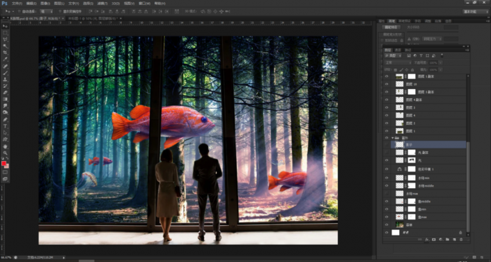 奇幻合成，制作一張超現實的森林里觀魚的場景