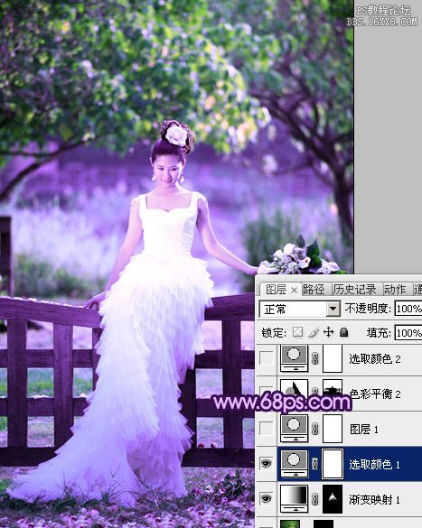Photoshop调出树林美女婚片唯美的绿紫色