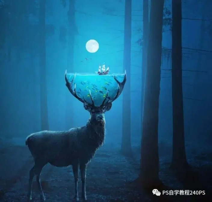 奇幻合成，合成鹿角中的神秘水世界