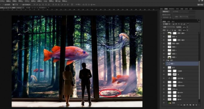 奇幻合成，制作一张超现实的森林里观鱼的场景