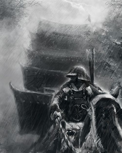 手绘风雨中的战国武士与甲贺忍者