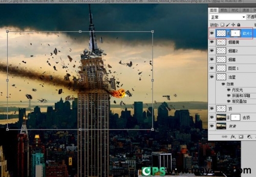 PS合成流星撞击摩天楼的爆炸效果