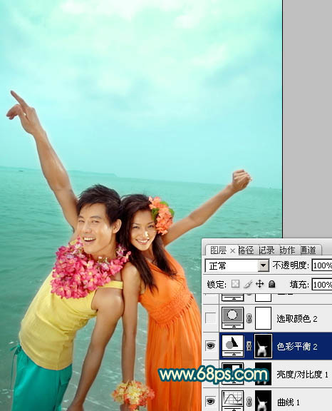 Photosho给海景情侣图片加上艳丽的青黄