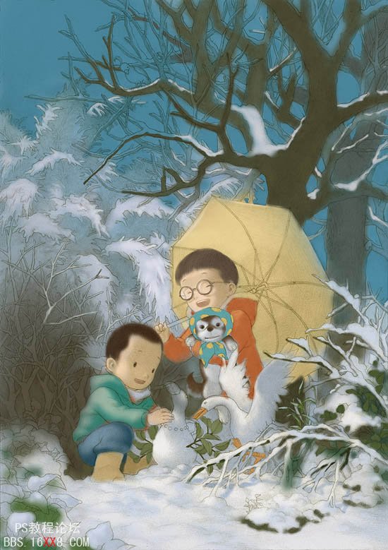 PS鼠绘精细的玩雪人的儿童插画