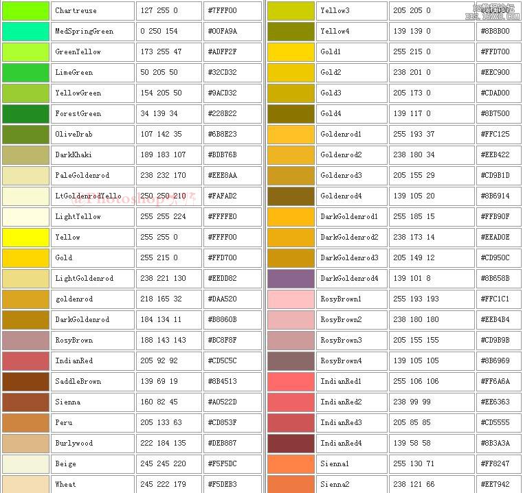 Photoshop 配色卡 （附带RGB色值）
