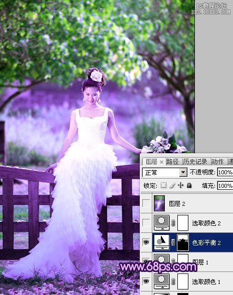 Photoshop调出树林美女婚片唯美的绿紫色
