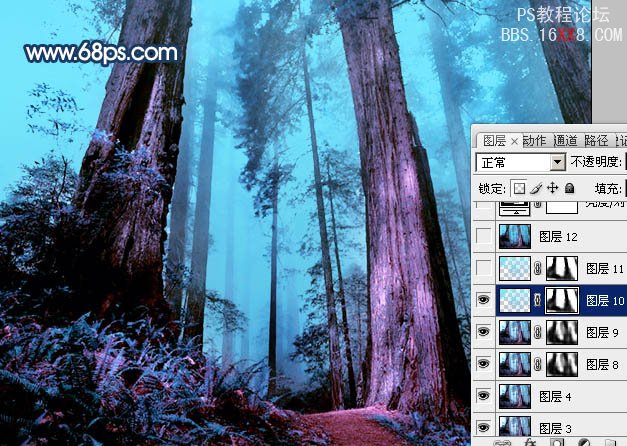 Photoshop打造暗调蓝紫色的森林图片