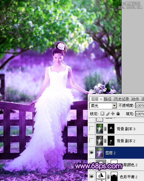 Photoshop调出树林美女婚片唯美的绿紫色