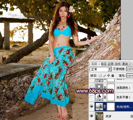 Photosho處理樹林美女圖片柔和的暗調暖