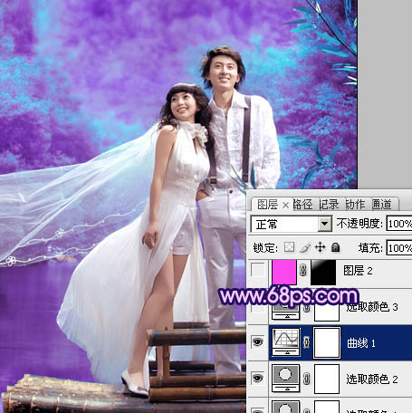 Photosho处理河景婚纱照片梦幻的蓝紫色