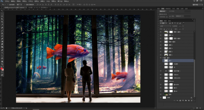 奇幻合成，制作一張超現實的森林里觀魚的場景