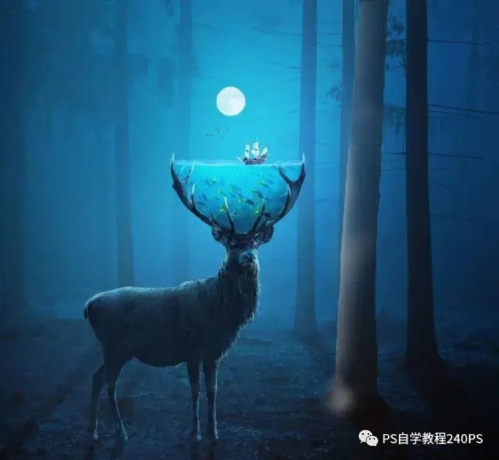 奇幻合成，合成鹿角中的神秘水世界