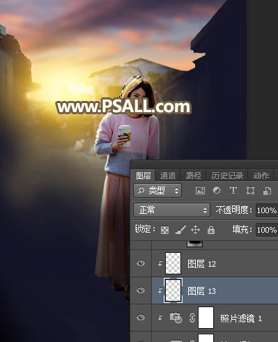 夕阳效果，通过PS给街拍女孩添加夕阳美景效果