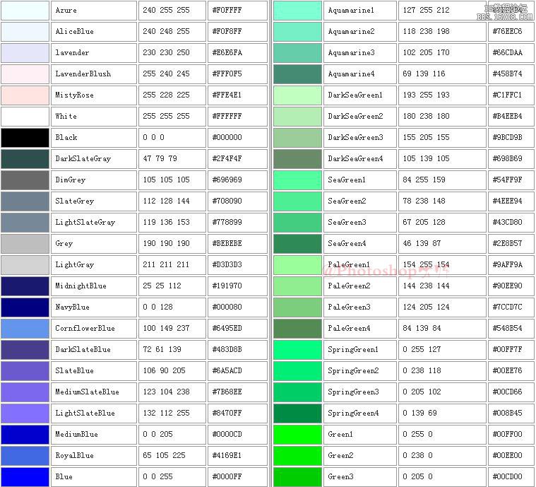 Photoshop 配色卡 （附带RGB色值）